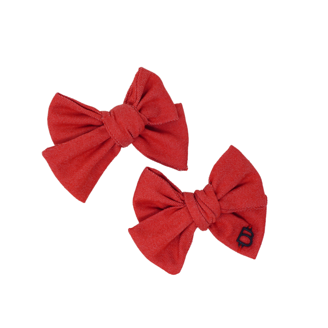 Bandeau Red Denim Mini Bow Clip Set